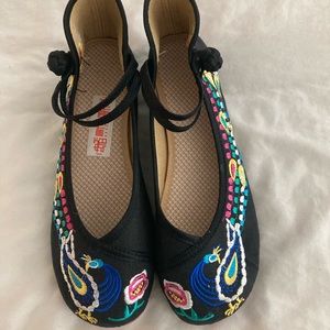 Embroidered Oriental Ballet Flats - Frog-Button Geisha Canvas Women's Vintage